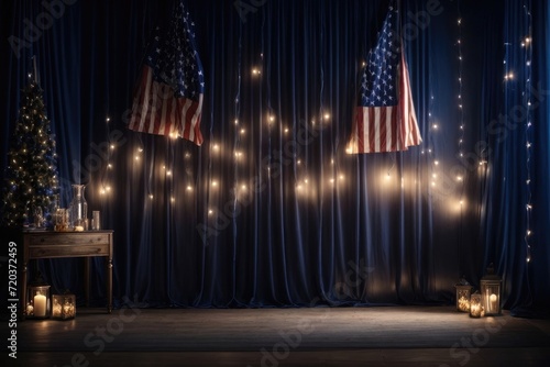 Red Curtains on stage lights, stars confetti and us flags for 4th of July. Happy Independence Day stage presentation. Empty theater or cinema stage for fourth of July independence event day   © azait24