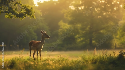 A natural landscape with sun nature light, deer animal wild life wallpaper background. Generative AI