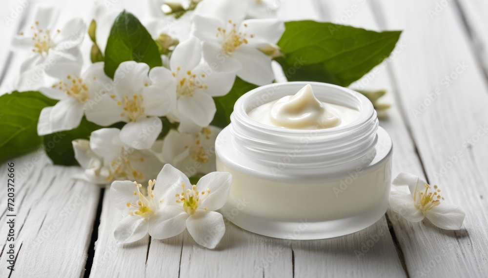 A jar of cream with flowers on the table