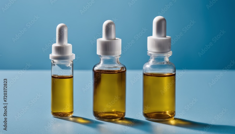 Three bottles with white caps on a blue background Three bottles with white caps on a blue background