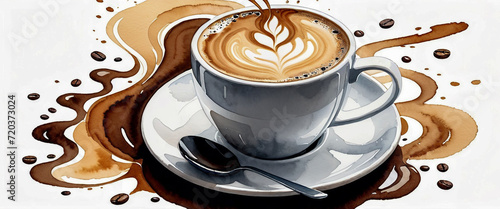 Coffee with latte art. White coffee cup. The scent of coffee is expressed. White background. Illustration in watercolor style.