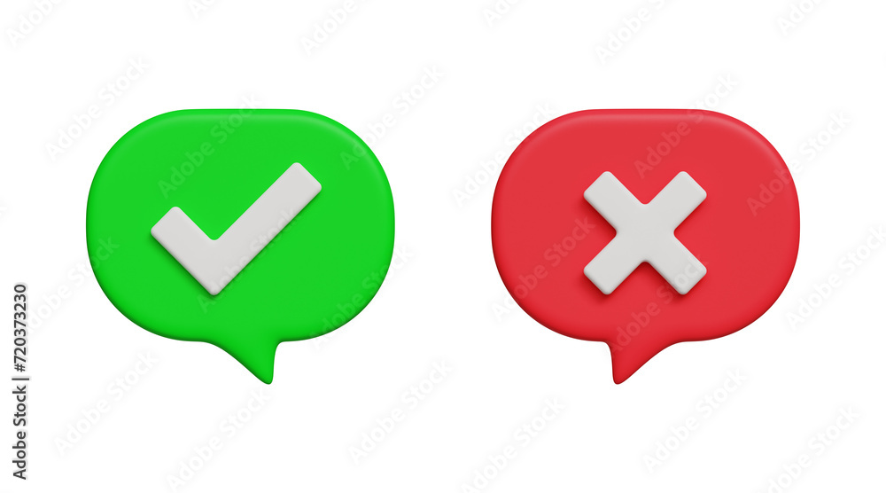 3D choice icons of accept and decline. Symbols of acceptance, rejection and attention. Cross check mark icons in a speech bubble. 3d illustration 3D choice icons of accept and decline. Symbols of acceptance, rejection and attention. Cross check mark icons in a speech bubble. 3d illustration