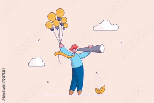 Innovation idea concept. Creativity, solution or smart thinking, inspiration, imagination or wisdom to develop business plan, advice or invention, smart businessman holding lightbulb idea balloons.