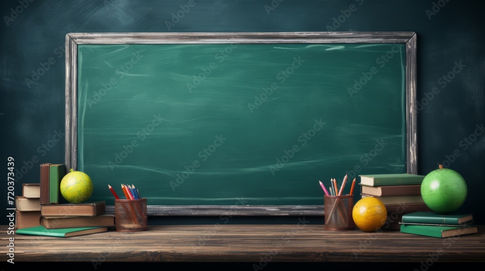 Vintage school desk in a classroom setting with blackboard and green background
