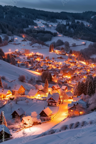 Drone photo of a snow-covered village, warm lights twinkling at dusk