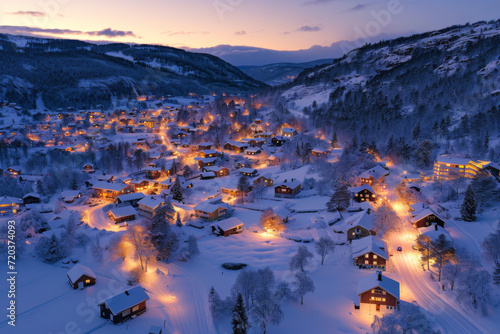 Drone photo of a snow-covered village, warm lights twinkling at dusk © EOL STUDIOS