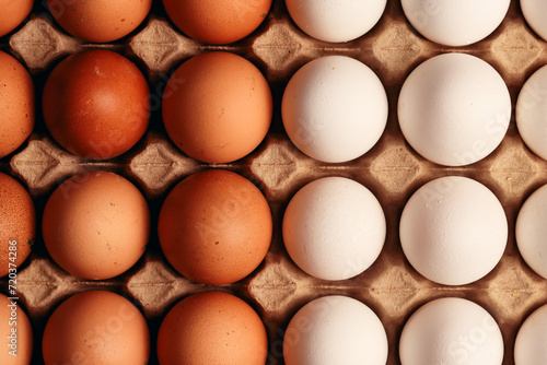 Photograph of egg carton with white eggs and brown eggs. Food concept.