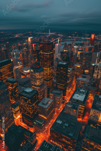 Drone shot of a city skyline at twilight, lights starting to twinkle © EOL STUDIOS