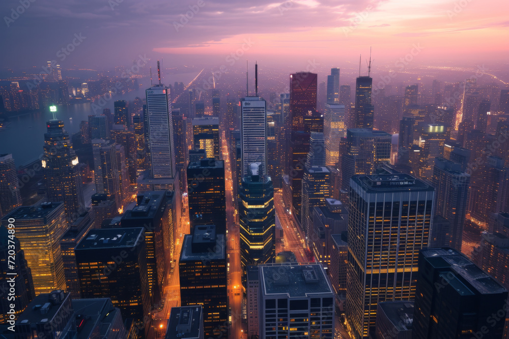 Obraz premium Drone shot of a city skyline at twilight, lights starting to twinkle