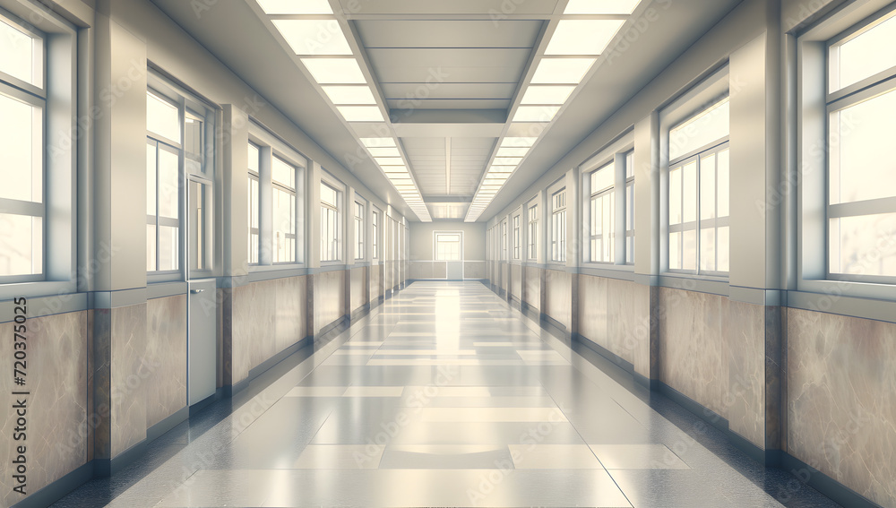 hospital hallway lined with white light shining through windows