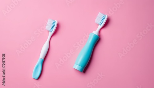 Two toothbrushes on a pink background