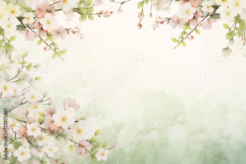 Serene Spring Elegance: Gentle Watercolor Cherry Blossoms and Sprigs Frame on Soft Green Watercolor Background, Perfect for Wedding Stationery and Delicate Design Projects