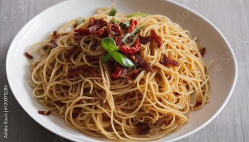 A bowl of pasta with bacon and basil