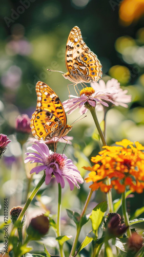 Butterflies with intricate patterns on vibrant flowers, natural background © dvoevnore