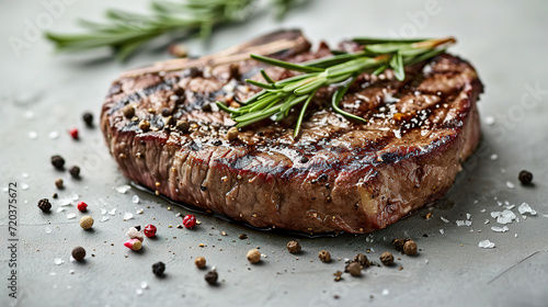 grilled medium rib eye steak with rosemary and pepper , with empty copy space, food advertising, professional food photography	