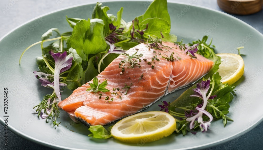 A plate of fish with lemon and herbs A plate of fish with lemon and herbs