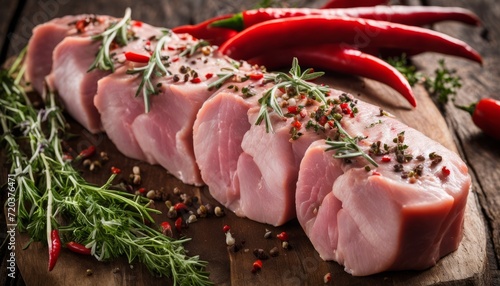 A piece of meat on a cutting board with red peppers and herbs on top