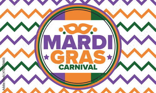 Mardi Gras Carnival in New Orleans. Fat Tuesday. Traditional holiday, celebration annual. Folk festival, costume masquerade, fun party. Carnival mask. Poster, card, banner and background. Vector