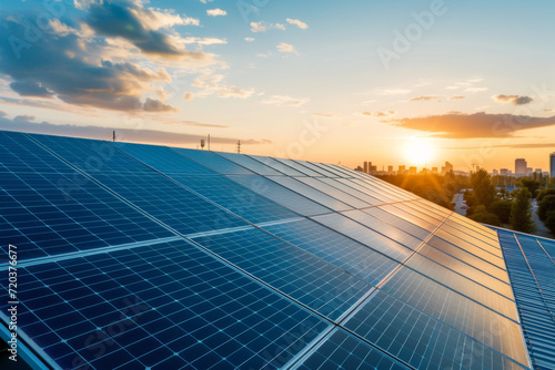 Drone shot of solar panels on a roof, urban setting in the background