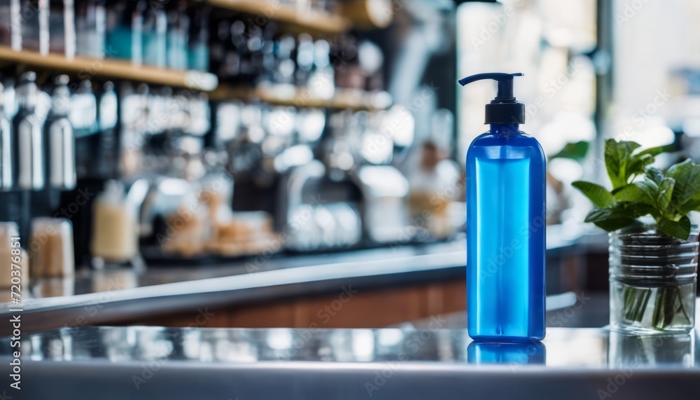 A blue bottle of lotion on a counter A blue bottle of lotion on a counter