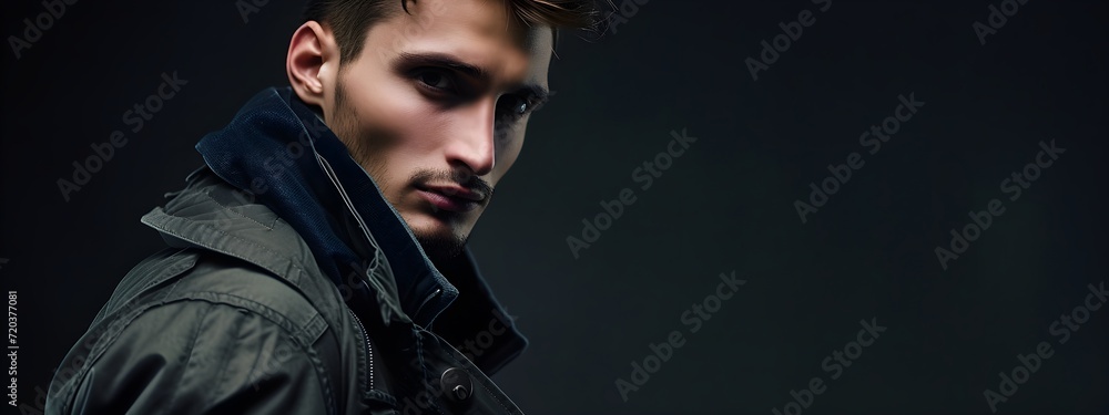 American man model in studio for banner. Black light background. Generative AI American man model in studio for banner. Black light background. Generative AI