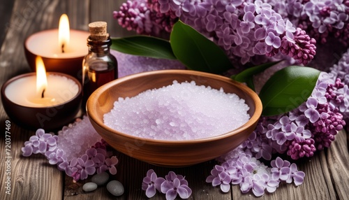 A wooden table with a bowl of salt, a bottle of oil, and purple flowers