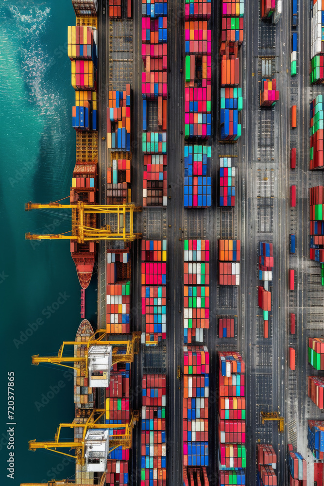 Obraz premium Overhead of a busy seaport, containers arranged in colorful patterns