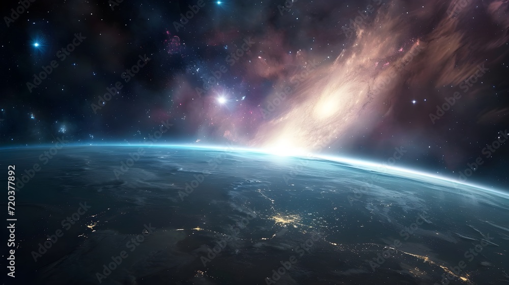 Fototapeta premium Space to a galaxy and stars. Universe filled with stars, nebula and galaxy. Generative AI