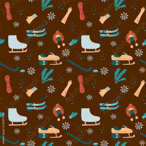 Seamless pattern with winter outdoor activity