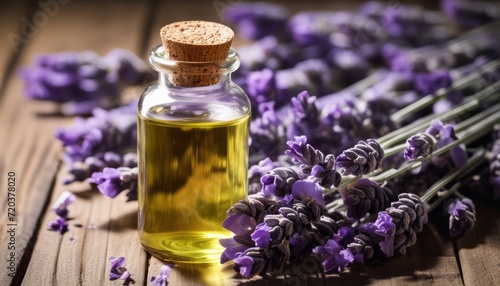 A bottle of lavender oil sits on a wooden table