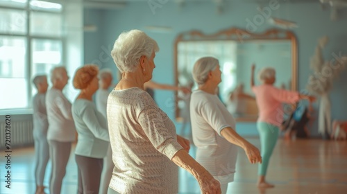 elderly women stand and dance with group old woman at the mirror in position of the ballet stand in a dance studio photo