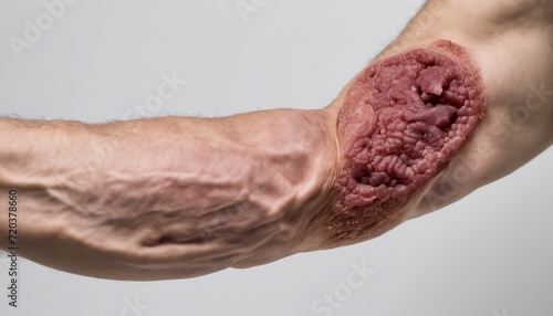 A muscular arm with a large red boil on the inner elbow