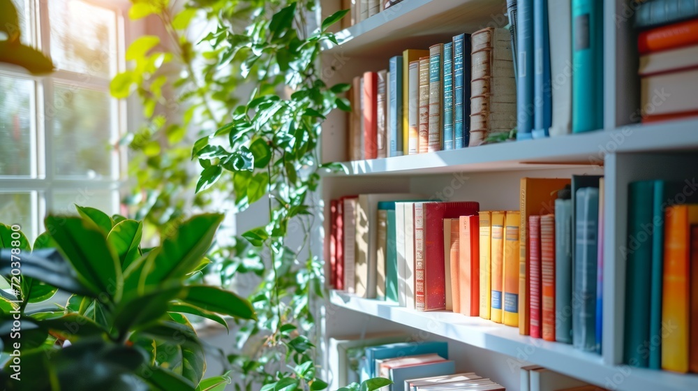 A bright and airy reading nook featuring a white bookshelf and vibrant plants. - obrazy, fototapety, plakaty 