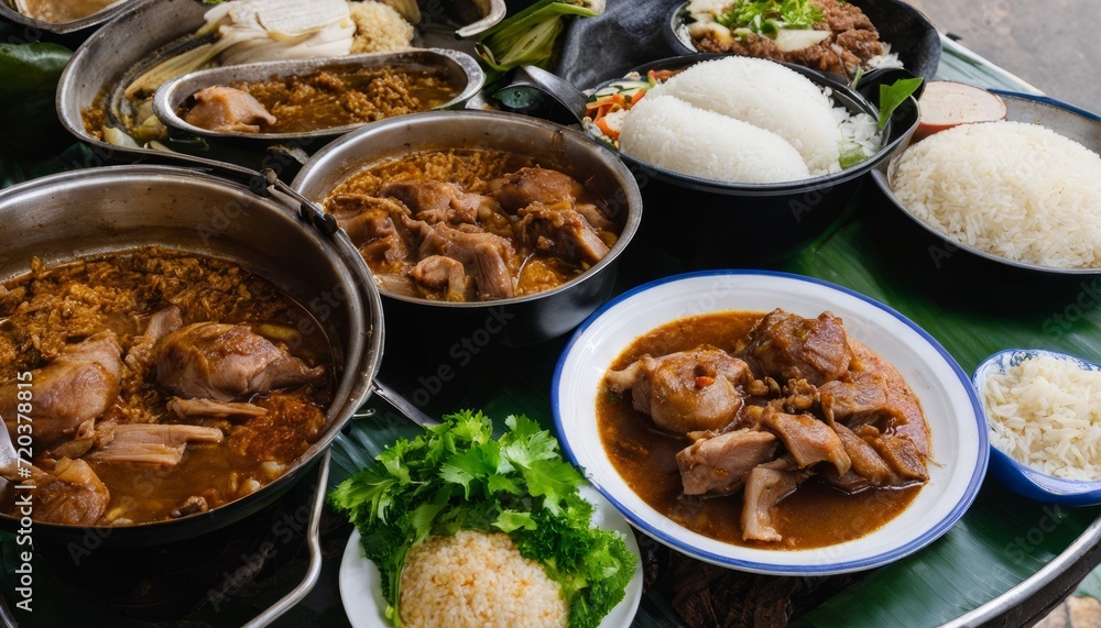 A table full of food including rice and meat A table full of food including rice and meat