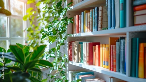 A bright and airy reading nook featuring a white bookshelf and vibrant plants. photo