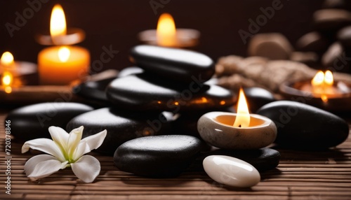 A stack of rocks and candles on a table