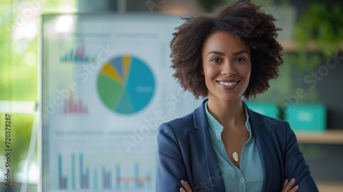 Big data analysis and fintech e-commerce concept with successful black woman as executive director presenting growth statistics to diverse conference meeting members in the office with graphs photo