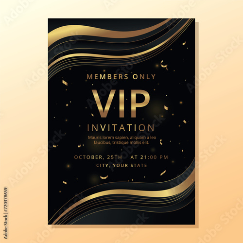 Luxury golden vip invitation. Black and gold premium template with bokeh lights and gold confetti