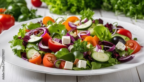 A white plate of vegetables with tomatoes  onions  cucumbers  lettuce  and cheese