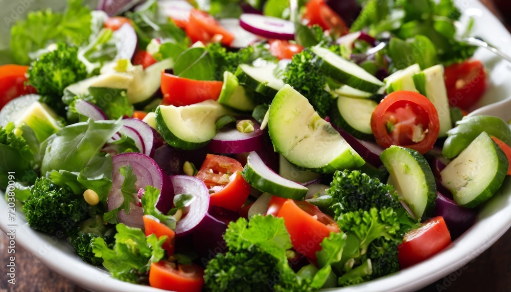 A bowl of mixed vegetables including broccoli, tomatoes, cucumbers, and onions