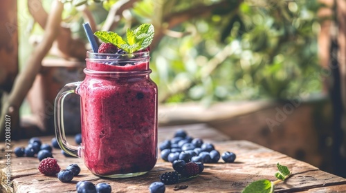 Refreshing berry smoothie in a mason jar surrounded by fresh berries and mint.