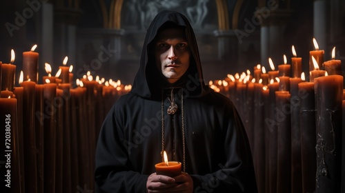 A man in a dark robe and hood holding a candle in a satanic church. Satanism concept. Evil Cult Concept.