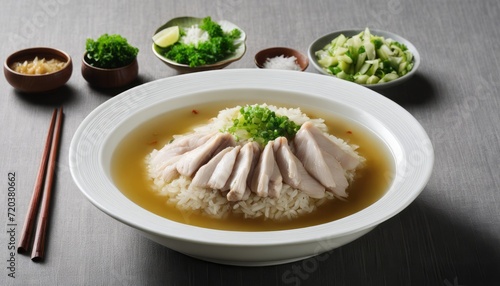 A bowl of soup with chicken and rice