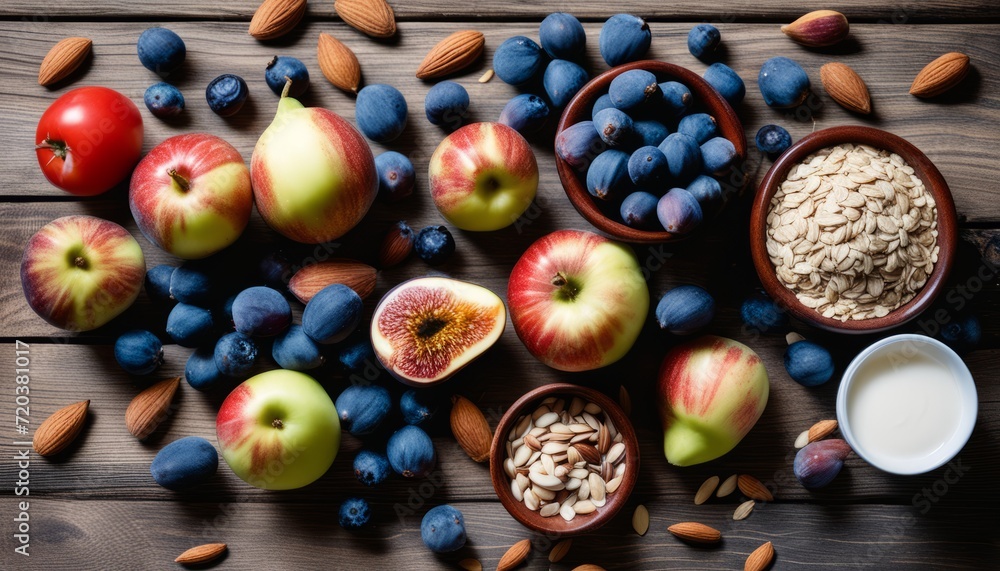 A wooden table with a variety of fruits and nuts A wooden table with a variety of fruits and nuts