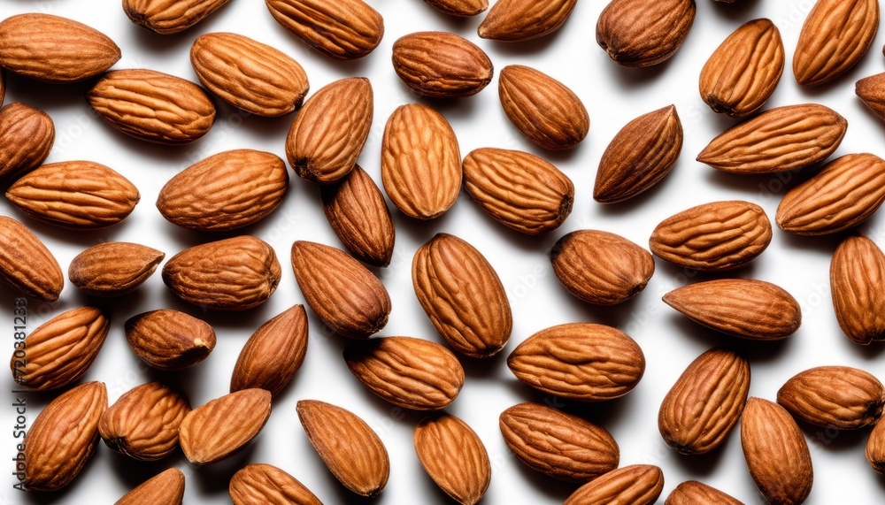 A row of almonds on a white background A row of almonds on a white background
