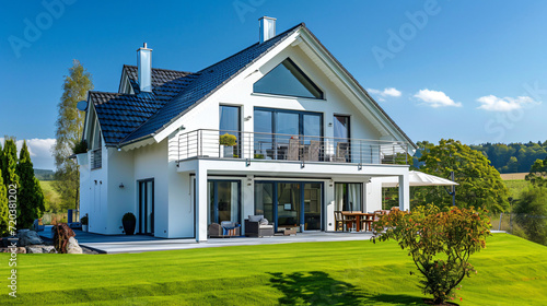 Idyllic German Home: Bright Facade with Lush Green Grass in Perfect Weather © Nico Vincentini