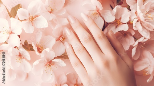 Female hand with peach manicure in flowers close-up.