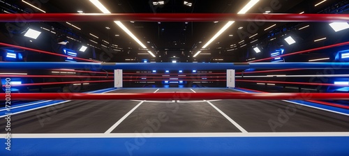 Empty professional boxing ring in vibrant arena, awaiting intense matches and sporting events. photo