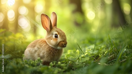 Medium close up shot of rabbit in nature blur background in forest. Generative AI © Alice a.