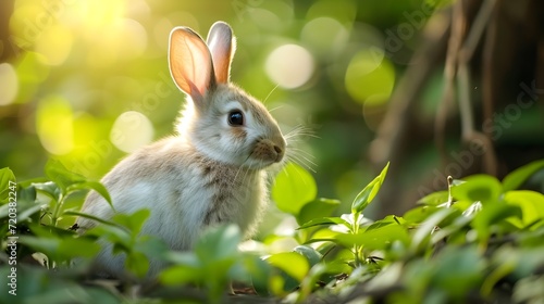 Medium close up shot of rabbit in nature blur background in forest. Generative AI © Alice a.